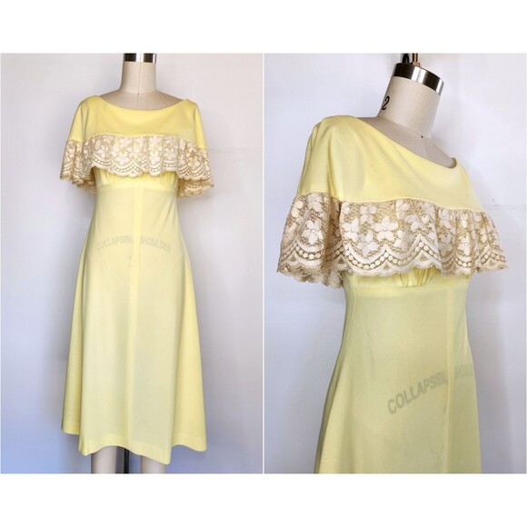Vintage Lace Off the Shoulders Canary Yellow Dress Over The Shoulders 60s 70s XS - Picture 1 of 10
